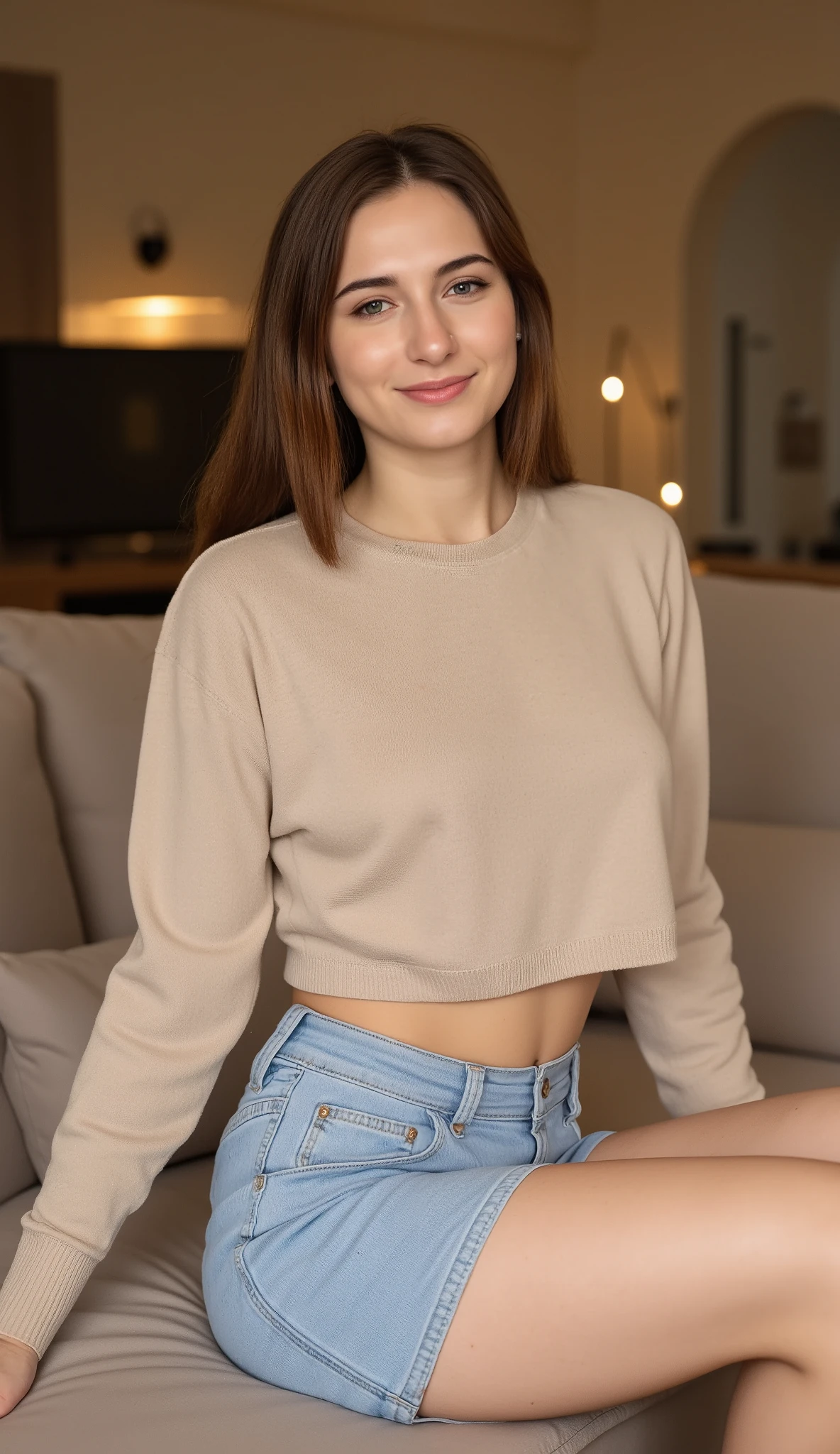 Model Description: Fair-skinned Ukrainian woman with a fit physique
Outfit: Beige sweater and light blue denim skirt
Pose: Sitting cross-legged on a couch, smiling softly
Background: Cozy living room with soft, warm lighting