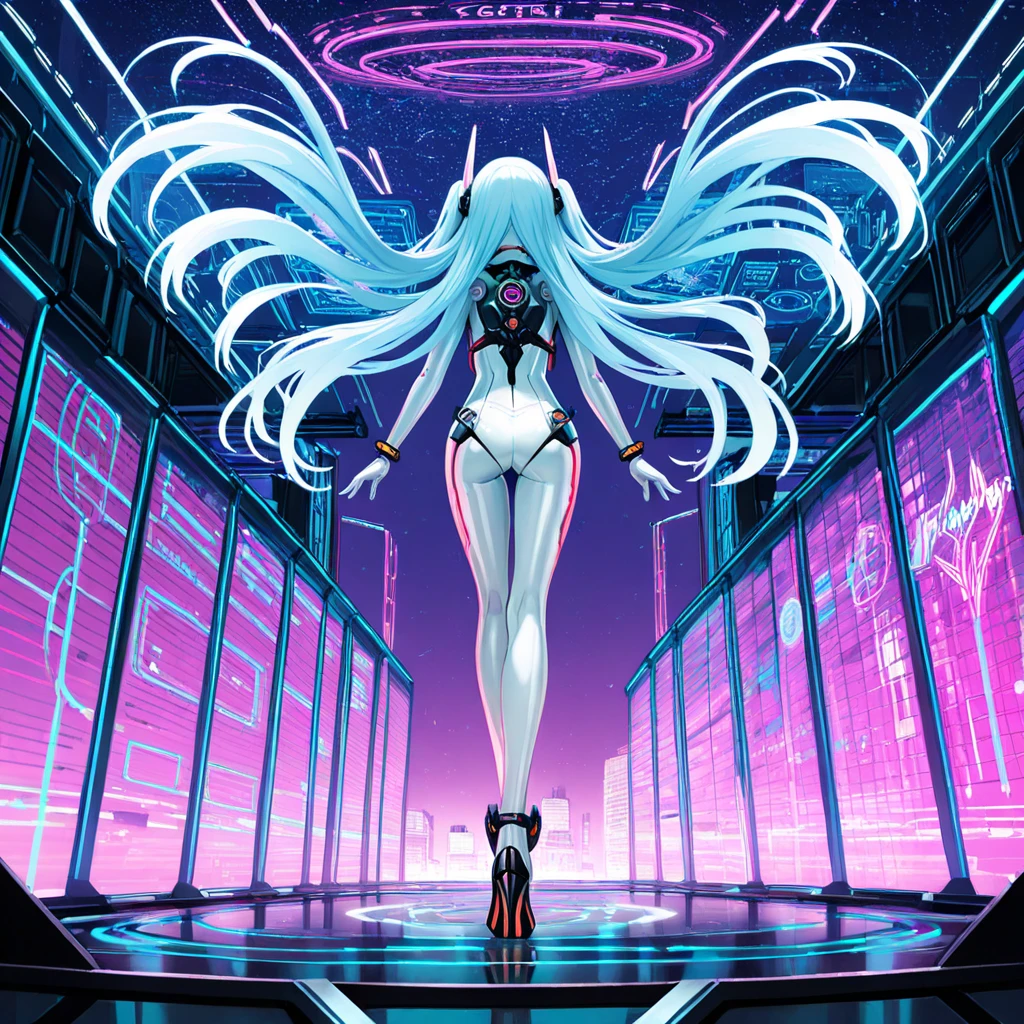 A full-length modern and elegant woman without clothes is depicted in this image, exuding a futuristic aura. Her long, wavy blonde hair cascades down her back in a sleek, futuristic hairstyle, perfectly matching her high-tech attire. She wears a form-fitting spacesuit, vibrantly colored and adorned with metallic details, reflecting the advanced technology of the future. Her futuristic accessories, like holographic bracelets and streamlined shoes, complement her tech look. The scenario takes place in a spacious and modern environment, characterized by elegant lines and futuristic architecture. The environment is illuminated by a variety of colors