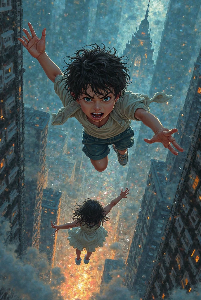 Manhw style, a boy leaping off the roof, his hand stretched out to catch a girl that's falling, her hand is stretched our for his to take aswell