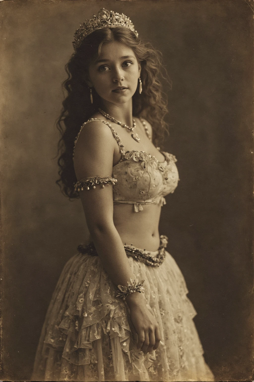 1910s analog film photograph, sepia photo of an elven maiden, 18-years-old, amazonian stature, athletic hourglass figure, busty breasts, narrow waist, full wide hips, big round buttocks, wearing a lacey bralette and frilly bloomers, warm almond complexion, pointy elf ears, dark hair, thick shaggy bangs, posing in a vintage photography studio, RAW Photograph, dslr, soft lighting, high quality, film grain, Fujifilm XT3, detailed skin with visible pores, insane details, masterpiece, 8k, faded film, desaturated, grainy, vintage, Lomography, stained, highly detailed, found footage, long elven ears