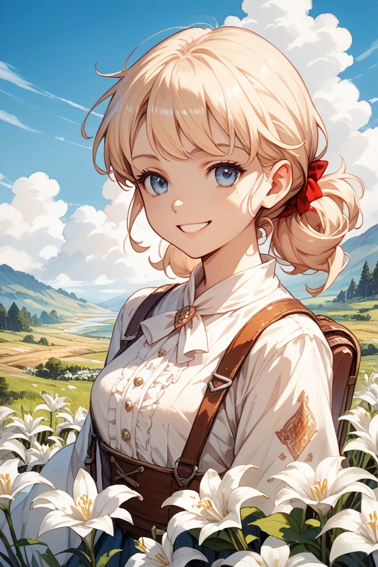 (watercolor:0.8),( pastel :0.6),(anime style:0.3),1girl,solo,white_background,simple_background, shoot from front, smile, scattered white lily of the valley and the battlefield is illuminated at sunrise. It makes me feel hopeful. A new beginning.