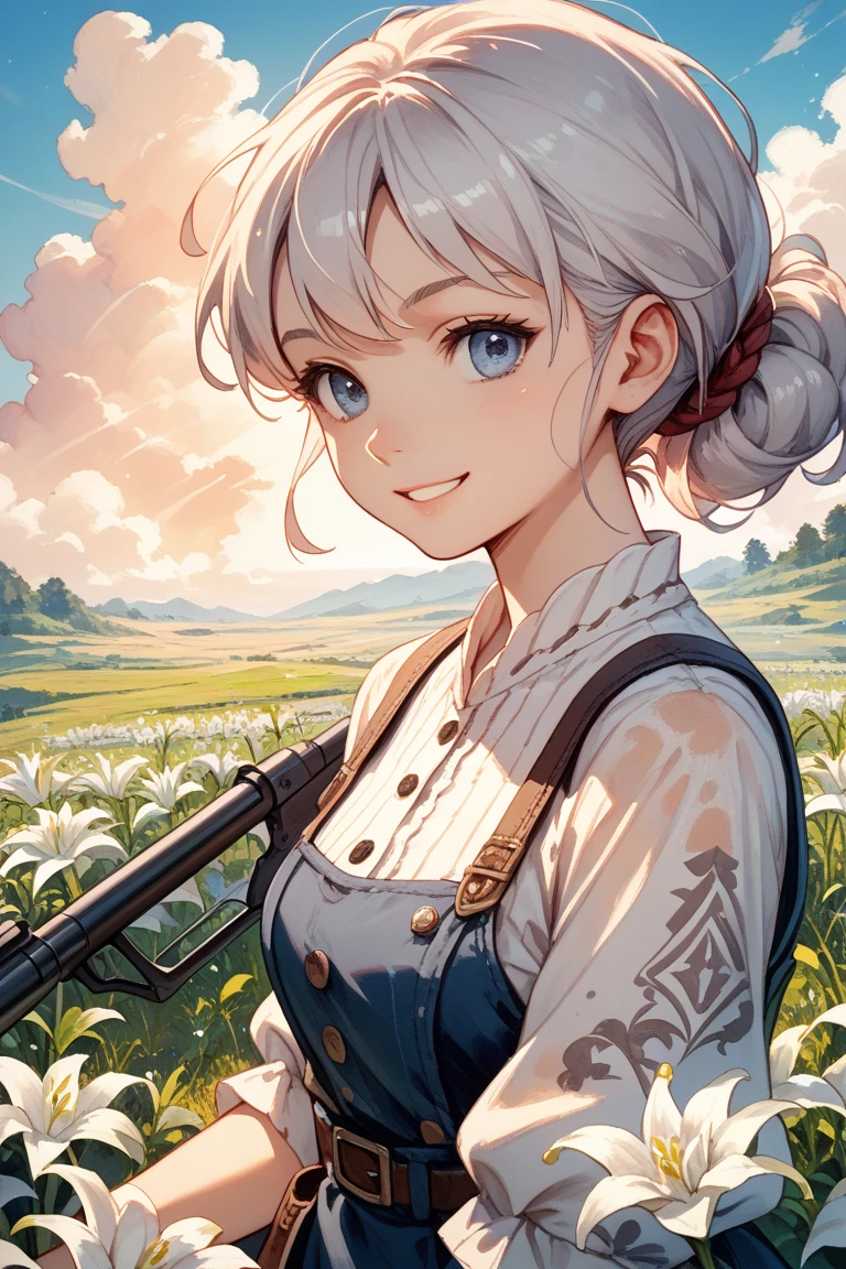(watercolor:0.8),( pastel :0.6),(anime style:0.3),1girl,solo,white_background,simple_background, shoot from front, smile, scattered white lily of the valley and the battlefield is illuminated at sunrise. It makes me feel hopeful. A new beginning.