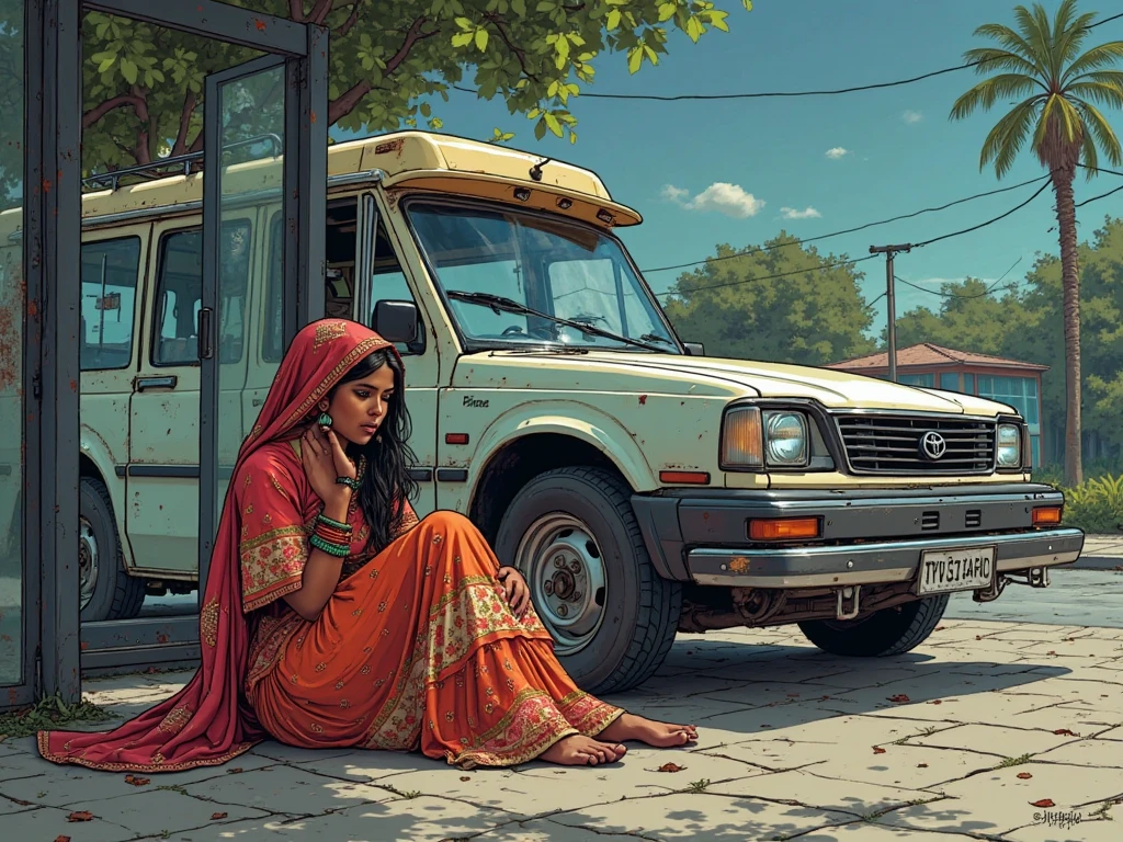 
Girl indian girl sanding in front of a toyota car eartiga alone in a in the , wearing indian dress, her face cover by cloth becouse of very warm weather, she indian bus stop spooky bus stop indian girl comic book style, weather is evinig 