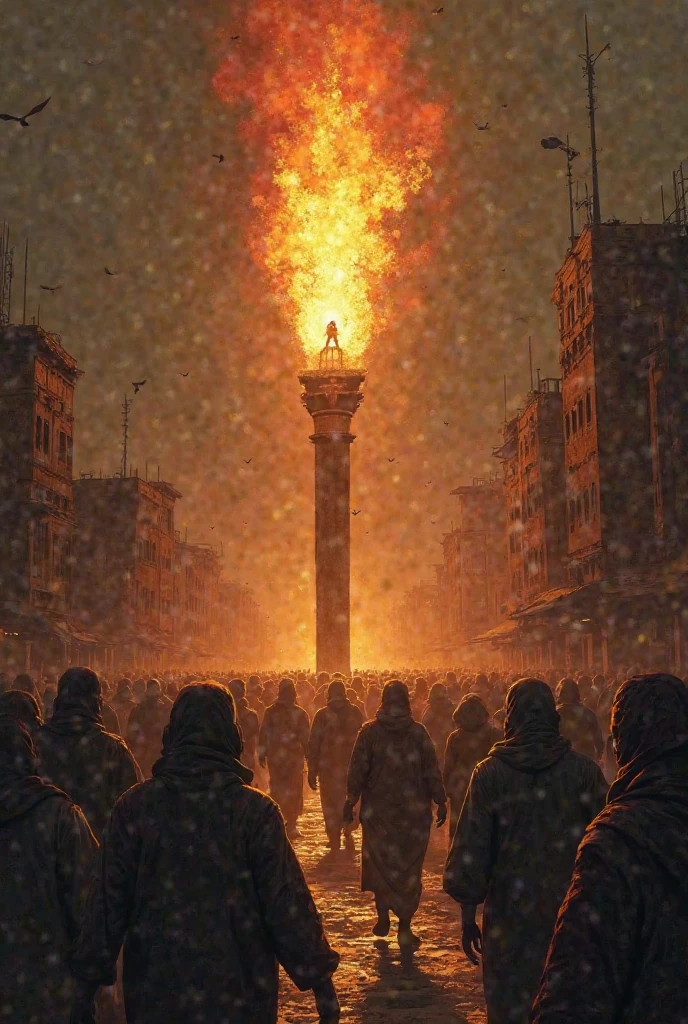 Money burning on a torch and poor, black people walking to touch the torch