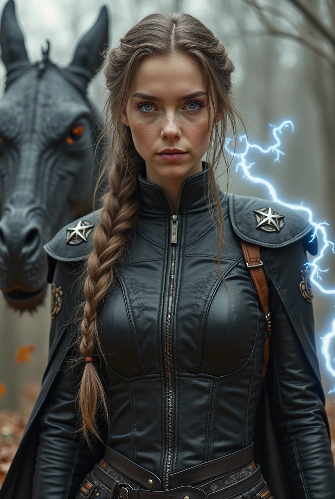 Aussehen: Kleine, dainty woman with pale skin, long brown hair that fades from half silver, and light hazel eyes with shades of blue and amber.” 
It is approximately 20
Hairstyle: “braided braid to keep the hair out of the face.” clothing: ” black equestrian uniform tight made of leather with silver star that indicates rank, dragon scale corset with hidden daggers,  sturdy boots .” equipment: “flight jacket without name tag, Flugbrille, various badges (Wings, Flamme, Nummer 2, Kompassrose)  “Lightning, that twitches around her, a black dragon in the background, a golden dragon, that glides through the air.
