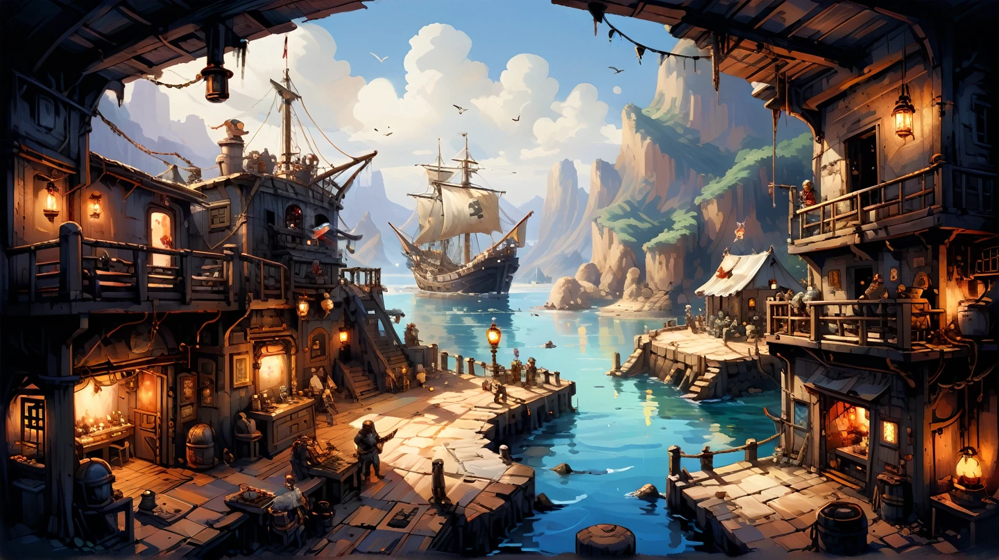 A vivid game scene depicting a Pirate Cove. The cozy and lively atmosphere of a pirate shipyard is depicted in oils and watercolors. You are in the center of a bustling Pirate Cove, reminiscent of the Monkey Island series of games. Strong pirates are drinking, talking about shipbuilding and laughing together. The wooden interior is decorated with nautical memorabilia and flickering lanterns create a warm and cozy atmosphere. A pirate ship with a skull and crossbones painted on its sail is anchored in the cove. Blue skies and sunny