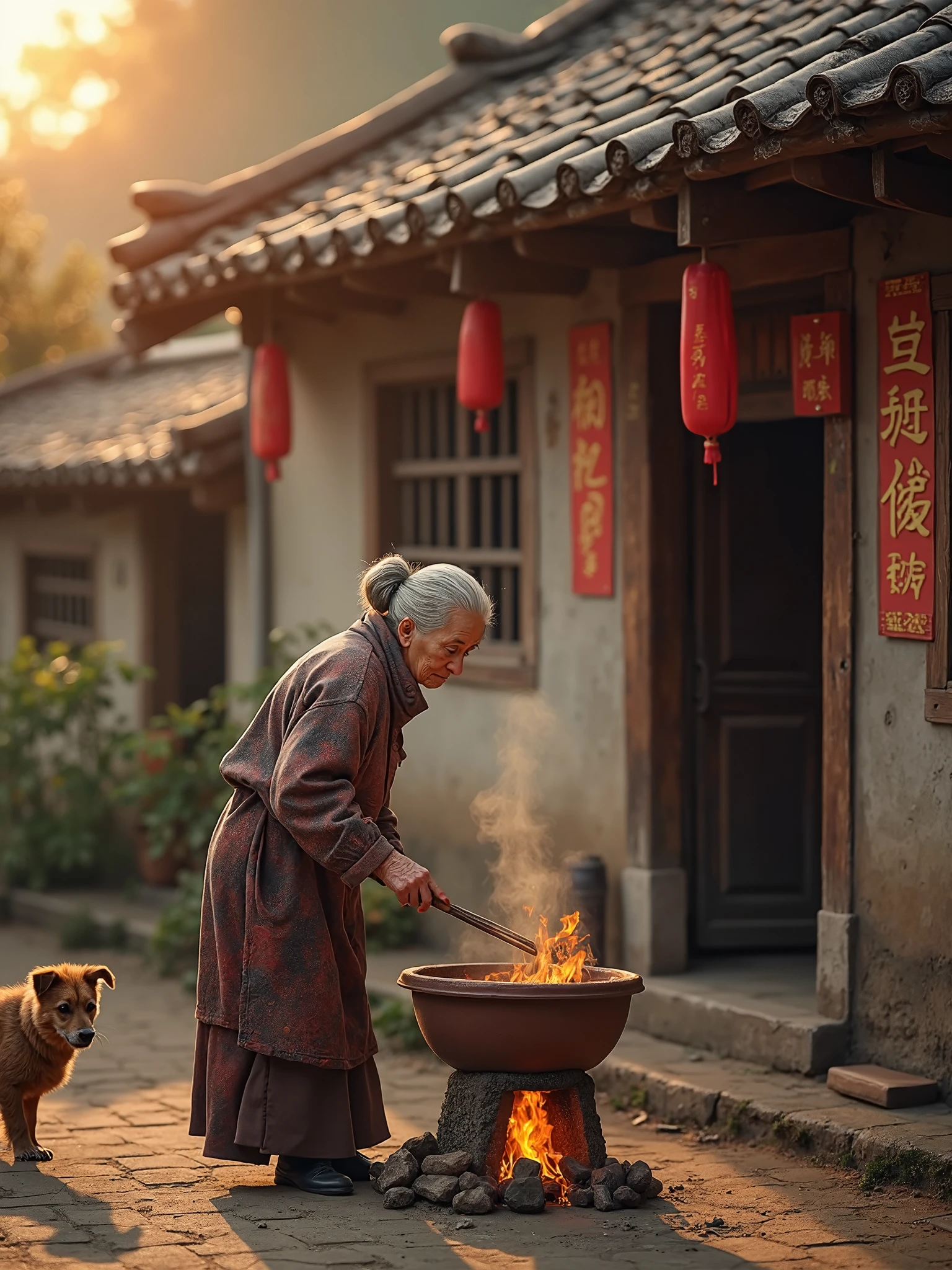 An elderly woman cooking over a traditional clay stove in a peaceful rural village, sunset lighting, smoke rising from the fire, small brown dog standing nearby, old tiled-roof house, hanging laundry, red Chinese couplets on the door, rustic countryside vibes, cinematic and warm atmosphere, ultra-realistic