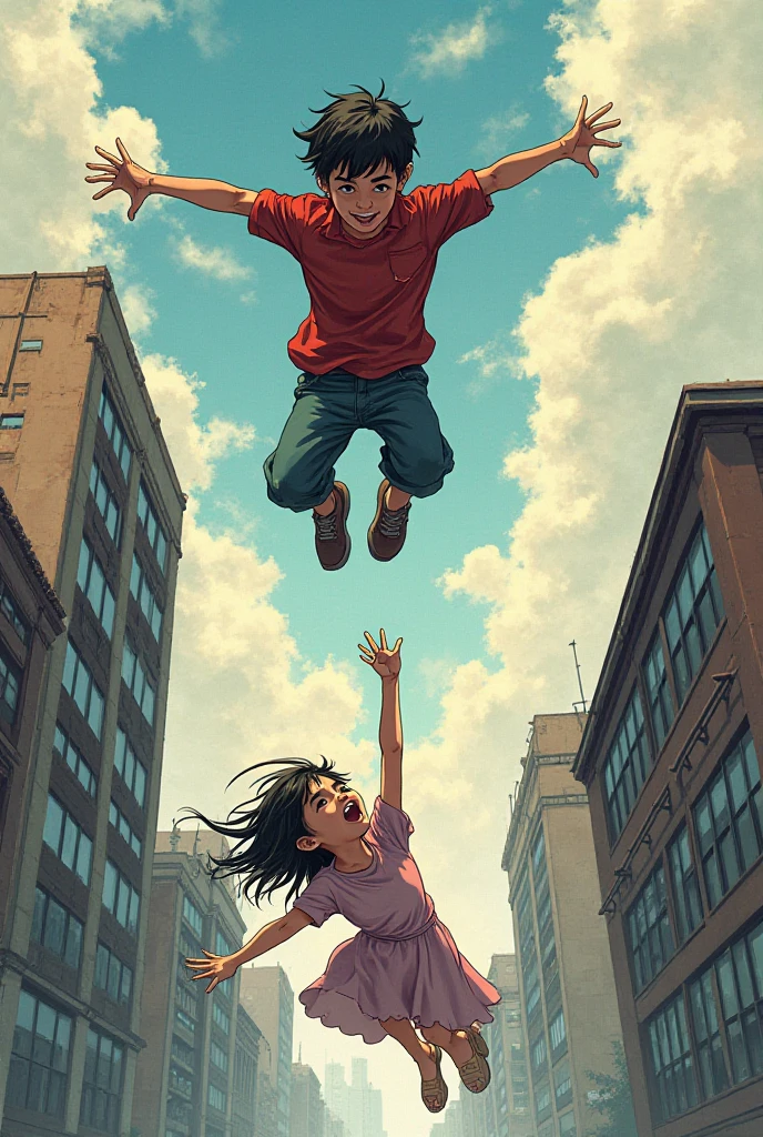 Manhwa style, a boy leaping off the roof, his hand stretched out to catch a girl that's falling, her hand is stretched our for his to take aswell