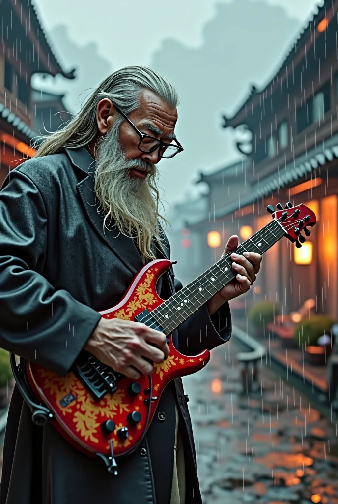 Old Japanese man with a long beard and old librarian glasses playing a B.C. Rich Warlock guitar while in a very rainy Japanese village that’s on fire and foggy, during the stormy day.