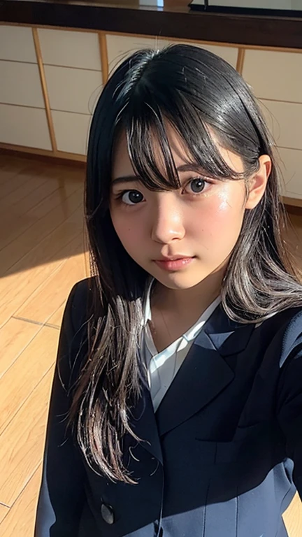 Japanese beautiful girl Middle school students Short Ponytail school uniform Navy Blue Blazer Check skirt smile Licking the penis Blowjob