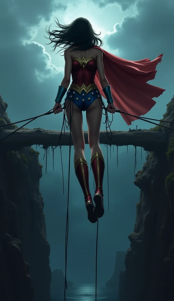 Wonder Woman hanging from the ceiling with her arms tied by a rough rope、perspiring、Ropes tied her body、a wet body、Rough rope that cuts into the crotch, Strongly tied up、Hands tied、legs hanging down in shackles, legs straight down, no floor