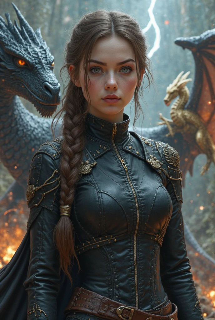 Kleine, dainty woman with pale skin, long brown hair that turns silver from half ,and light hazel eyes with shades of blue and amber.” 
It is approximately 20. braided braid to keep the hair out of the face.” clothing: ” black equestrian uniform tight made of leather with silver star that indicates rank, dragon scale corset with hidden daggers,  sturdy boots .” equipment: “flight jacket without name tag, Flugbrille, various badges (Wings, Flamme, Nummer 2, Kompassrose) Background lightning, that twitches around her, a black dragon in the background, a golden dragon, that glides through the air.
