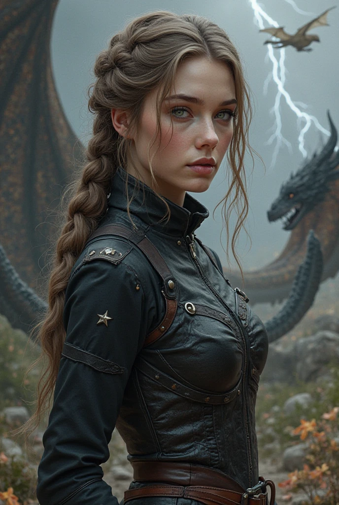 Kleine, dainty woman with pale skin, long brown hair that turns silver from half ,and light hazel eyes with shades of blue and amber.” 
It is approximately 20. braided braid to keep the hair out of the face.” clothing: ” black equestrian uniform tight made of leather with silver star that indicates rank, dragon scale corset with hidden daggers,  sturdy boots .” equipment: “flight jacket without name tag, Flugbrille, various badges (Wings, Flamme, Nummer 2, Kompassrose) Background lightning, that twitches around her, a black dragon in the background, a golden dragon, that glides through the air.
