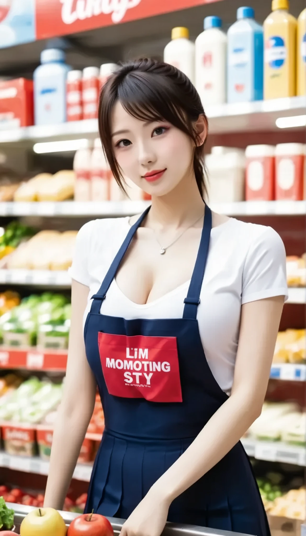 Working in a Supermarket、Working in a Supermarket、Name Tag、 mannequin、Working in a Supermarket、20 years old、female、Busy face、white blouse、Beautiful Eyes with Attention to Details、red apron with red background、(((full body、shot from below、 Look Down、mouth、Downcast face、crying face、Look up shyly、shyly、(small:2.0)、 slim、short、BABY FACE、ponytail、 beautiful narrow eyes、(ポホトGenuine:1.4)、(ハイパーGenuine:1.4)、(Genuine:1.mooth lighting:1.05)、 (Improving lighting quality in videos:0.9)、female1人、female、Genuine照明、backlight、Face Light、 Raytrace 、(Brightness:1.2)、(Improved image quality :1.4)、(最高のGenuineな質感の肌)、Xiaoyang、Like、symbol body、、 without makeup、small face, like, symbol body、(small:1.7)、 slim、slender body type、 hair is bundled 、Working in a Supermarket, (Photo realistic:1.4), (hyper Genuineistic:1.4), (Genuineistic:1.3), (smooth lighting:1.05), (Working in a Supermarket:0.9),Navy Blue Long Skirt {x} Wear a Navy Blue Knee Length Skirt to See What's Outside the Frame、 1female, Genuineライティング, backlight, Face Light, Raytrace , (Cheerfulness:1.2), (Improved image quality :1.4), (best Genuine textured skin),