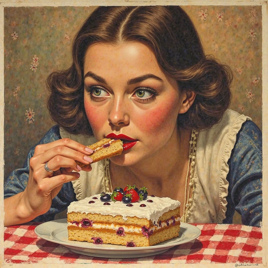 It has a poster , where a woman eats cake , German advertising, in a  German propaganda  style,  German propaganda ,  German propaganda  art,  German propaganda  style,  German propaganda  poster,  German propaganda  poster art,  German propaganda  poster style, 1 9 4 0 s german poster, German Catholic poster, german poster,  German propaganda painting , Poster German Catholic Country,  nostalgia , poster caption Erika Böller. Photorealistic, top quality, is very realistic,  realistic lighting , hyperdetailed,  rocket extreme difficulty, intricate, mechanics gear , realistic textures, fine details , resolution 16,905 216k