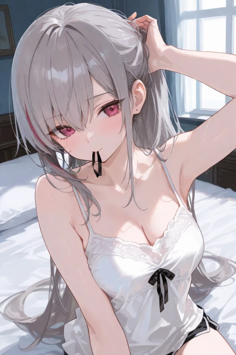 masterpiece, highres, highest quallity, illustration, cinematic light, ultra detailed, detailed face, detailed eyes, best quality, hyper detailed, masterpiece, detailed face,beautiful face,perfect body,1girl,makeup,courtesan long hair, blue eyes,hair ribbon, white hair, pov,red ribbon,cowboy shot,seductive posture,her cute room,rag,bed,sexy night dress,emphasize breasts,sexy,all fours on the bed,ecstary,libido,incoming kiss:1.4,((motion lines)),closed eyes