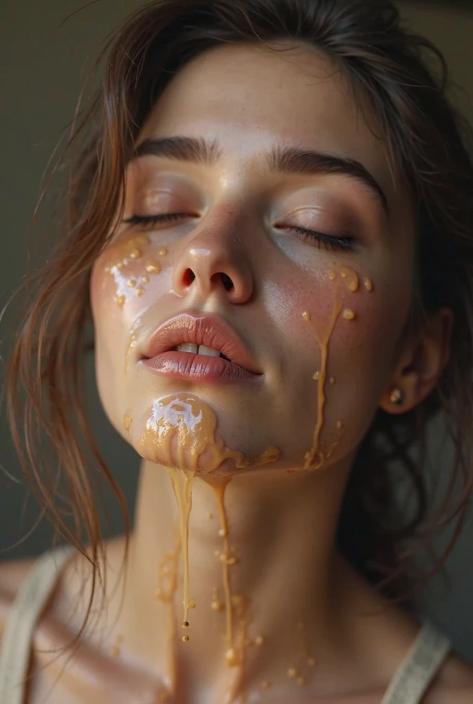 Best Quality, Masterpiece, (realist:1.2), 1 girl, Brown hair, Brown eyes,forehead, detailed face, pretty eyes(Bukkake:1.4)