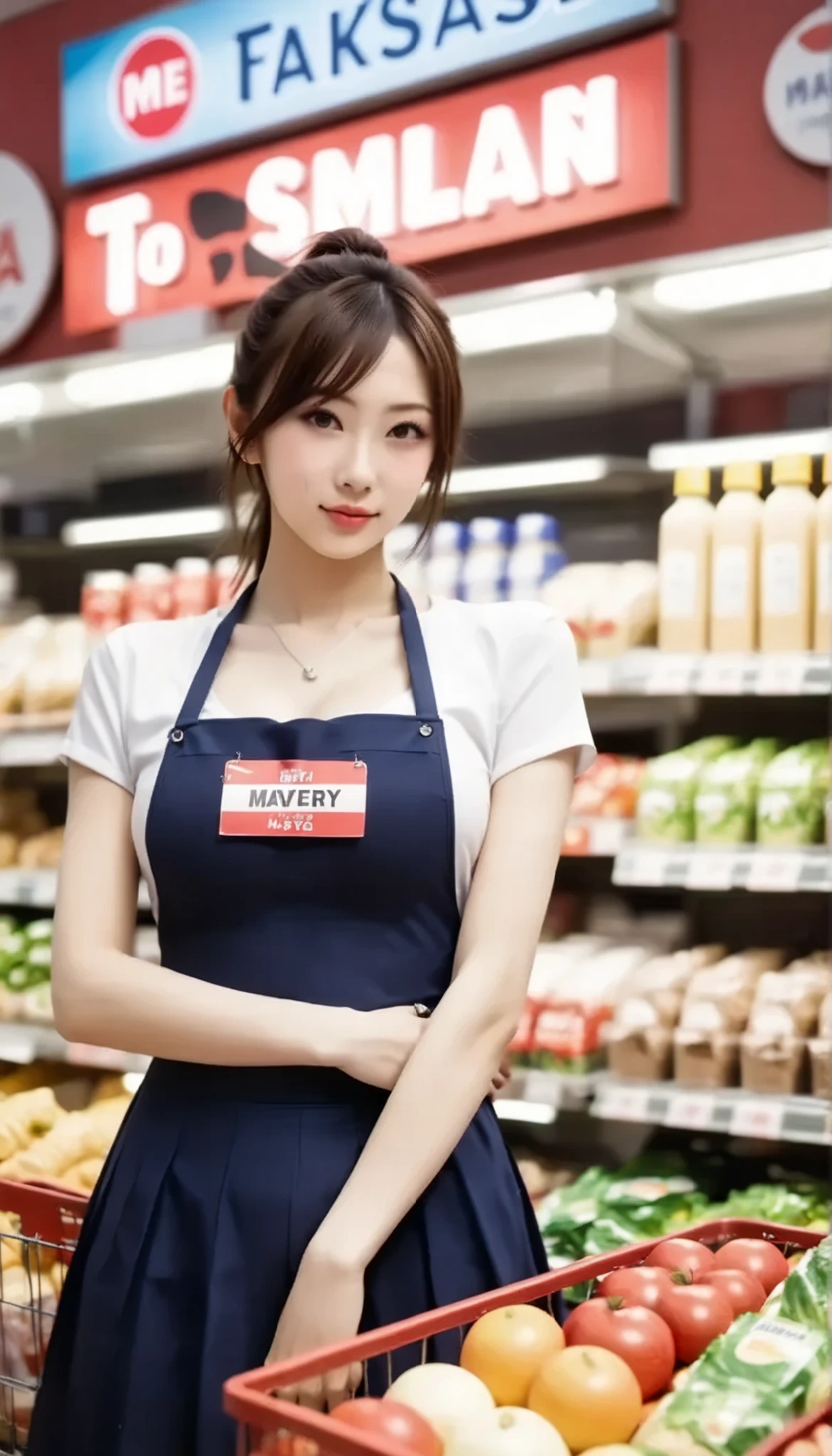 Working in a Supermarket、Working in a Supermarket、Name Tag、 mannequin、Working in a Supermarket、20 years old、female、Busy face、white blouse、Beautiful Eyes with Attention to Details、red apron with red background、(((full body、shot from below、 Look Down、mouth、Downcast face、crying face、Look up shyly、shyly、(small:2.0)、 slim、short、BABY FACE、ponytail、 beautiful narrow eyes、(ポホトGenuine:1.4)、(ハイパーGenuine:1.4)、(Genuine:1.mooth lighting:1.05)、 (Improving lighting quality in videos:0.9)、female1人、female、Genuine照明、backlight、Face Light、 Raytrace 、(Brightness:1.2)、(Improved image quality :1.4)、(最高のGenuineな質感の肌)、Xiaoyang、Like、symbol body、、 without makeup、small face, like, symbol body、(small:1.7)、 slim、slender body type、 hair is bundled 、Working in a Supermarket, (Photo realistic:1.4), (hyper Genuineistic:1.4), (Genuineistic:1.3), (smooth lighting:1.05), (Working in a Supermarket:0.9),Navy Blue Long Skirt {x} Wear a Navy Blue Knee Length Skirt to See What's Outside the Frame、 1female, Genuineライティング, backlight, Face Light, Raytrace , (Cheerfulness:1.2), (Improved image quality :1.4), (best Genuine textured skin),