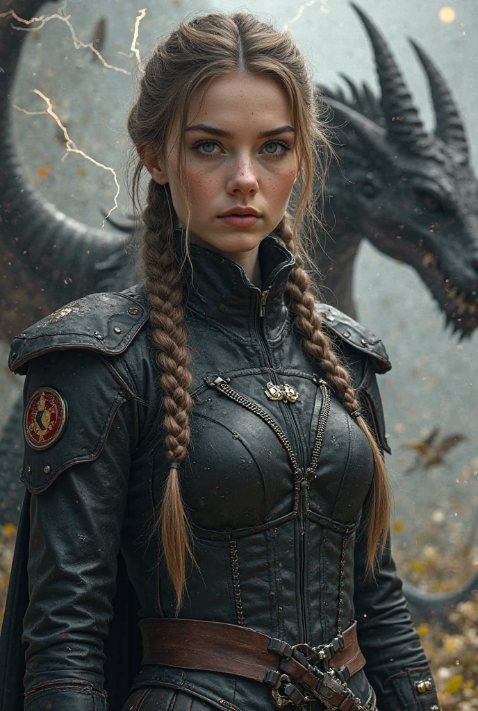 Kleine, dainty woman with pale skin, long hair that is brown on top and silver under ,and light hazel eyes with shades of blue and amber.” 
It is approximately 20. braided braid to keep the hair out of the face.” clothing: ” black equestrian uniform tight made of leather with silver star that indicates rank, dragon scale corset with hidden daggers,  sturdy boots .” equipment: “flight jacket without name tag, Flugbrille, various badges (Wings, Flamme, Nummer 2, Kompassrose) Background lightning, that twitches around her, a black dragon in the background, a golden dragon, that glides through the air.
