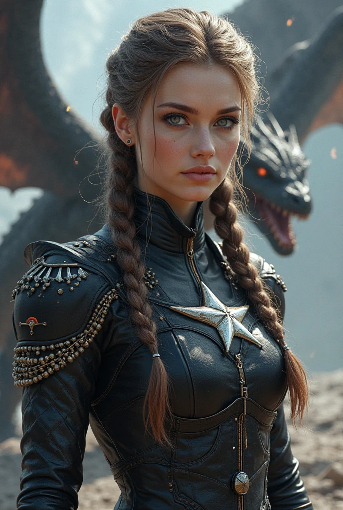 Kleine, dainty woman with pale skin, long hair that is brown on top and silver under ,and light hazel eyes with shades of blue and amber.” 
It is approximately 20. braided braid to keep the hair out of the face.” clothing: ” black equestrian uniform tight made of leather with silver star that indicates rank, dragon scale corset with hidden daggers,  sturdy boots .” equipment: “flight jacket without name tag, Flugbrille, various badges (Wings, Flamme, Nummer 2, Kompassrose) Background lightning, that twitches around her, a black dragon in the background, a golden dragon, that glides through the air.
