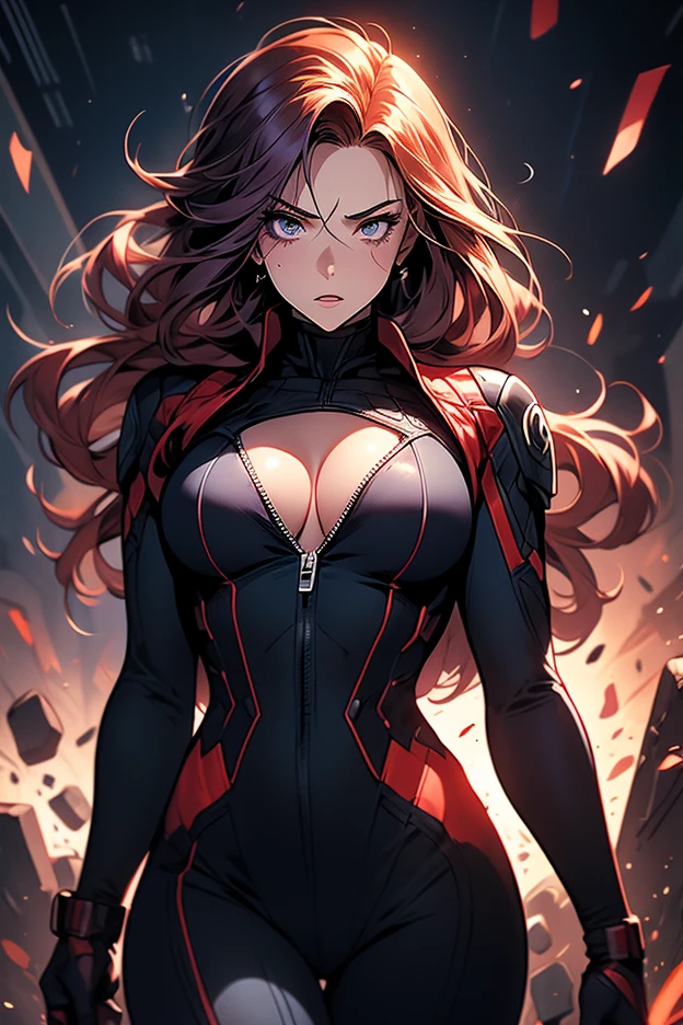 Black Widow Anime, 1girl, bodysuit, red hair, long hair, large breasts, big butt, slim fit body, gloves, zipper, uniform, cleavage, crying, painfull, wide eyes, rolled up eyes, long legs, shocked expression, Thanos anime, a man, purple skin, muscle, Thanos uses his thigh to break Black Widow's back, Black Widow struggle, Black Widow screaming, Black Widow is on Thanos' femoral