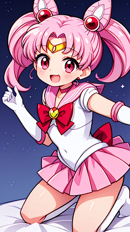 Sailor Moon,childhood,Seven years old,Cute little loli,Pink hair twintails,short hair,Sailor suit,red bow,White elbow gloves,Red Skirt,lying down,no shoes,Open your mouth,laughing out loud,fangs,(white pantyhose),(white pantyhose)