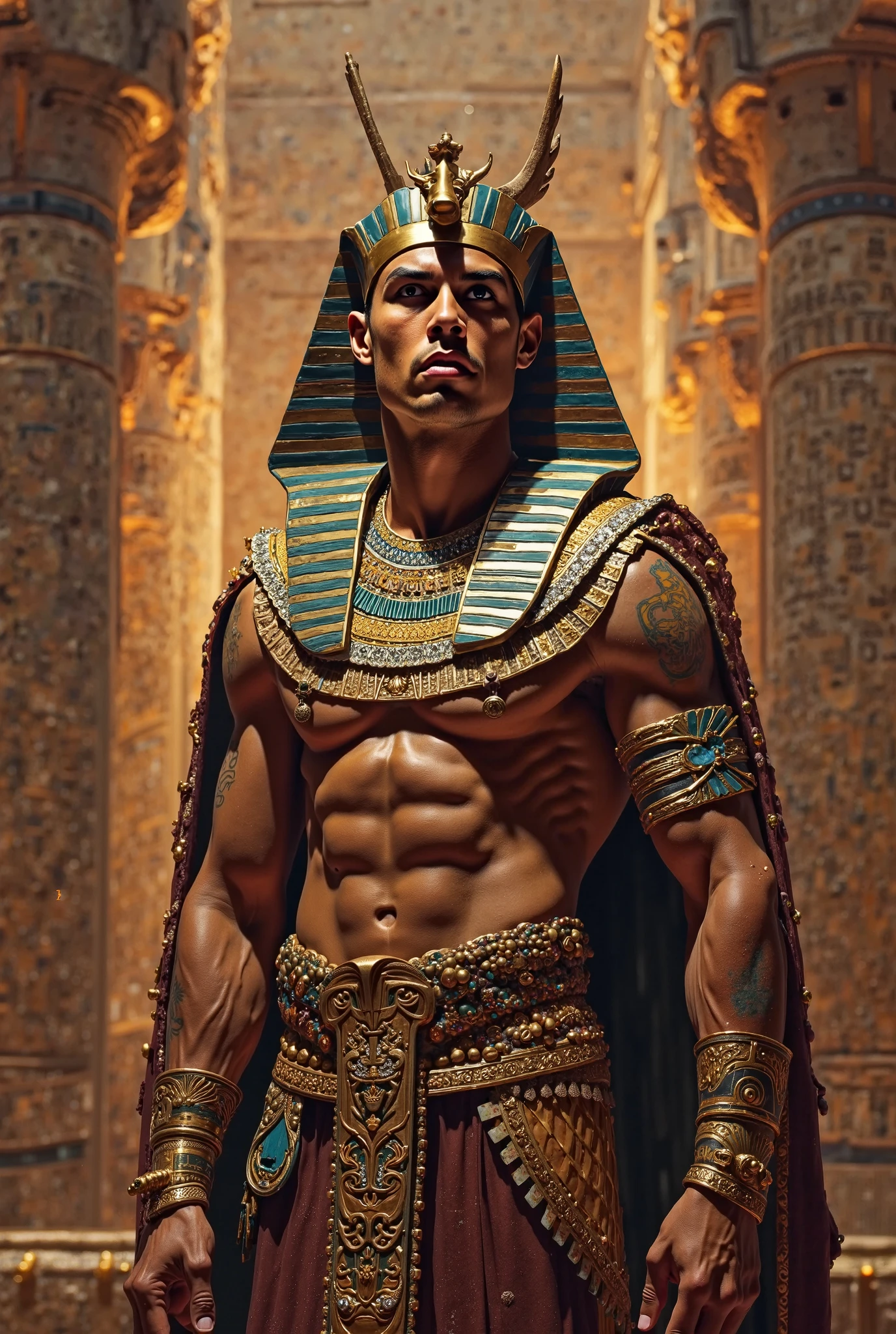 Photorealistic, ((best quality)), ((masterpiece)), (detailed), Egyptian god Anubis, masculine portrait of god Anubis, personification of Anubis, (evil look:1.2), 18-year-old male model, handsome, tall, cute looking, evil look, dark look powerful, young male model, handsome mythical creature, super strong, muscular, fit, massive muscles, six pack, clean shave, blue eyes. (short straight brown hair:1.4), short messy hair, messy wavy hair, shirtless, barechested, muscle, ripped, strong body, fit body, ancient linen eqyptian small skirt, (antique black linen raped cloth skirt:1.3) (Dark background) 8k, high detailed, ultra-detailed, Stylish Pose, real skin texture, dark cinematic lighting, (Emerging from the desert sand:1.4) sand storm, desert dunes, with a threatening attitude.