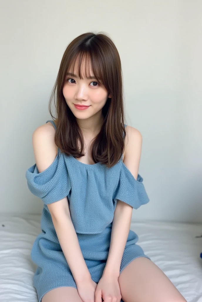 light blue knit dress, sofa, livingroom, Smile, Brown hair, shoulder-length hair, White wall background, Very white skin