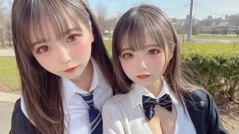 (8K, Raw photography, top-quality, ​masterpiece:1.2), master piece, best quality, illustration, Super detailed, fine details, High resolution, 8K,wall paper, perfect dynamic composition,(Details High quality, realistic depiction of eyes:1.3), ((2 girls, 2 schoolgirls)), The background is a luxury hotel room、High school girl uniform、blazer 、Super Short Check Uniform Skirt、Navy blue high socks、garterbelts、Colossal tits、Disturbed uniform, Play with each other,Touching each other's bodies,Touching the body of the girl next door,  medium breasts, Big Natural Color Lip, bold sexy pose, (perfect body shape), crying a little、cold gaze, Beautiful makeup,glitter makeup,Cutest 1, beautiful legs, hposing Gravure Idol, Voluptuous thighs