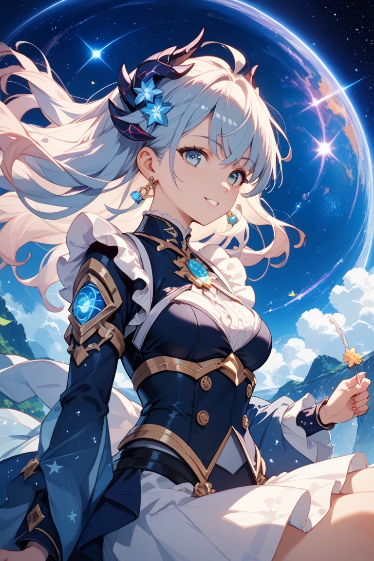 masterpiece, (it's snowing), 1 forehead:0.5, blue long hair girl, blue eyes:1.4, glasses, sexsy smile, in a white cute, open arms, looking up to sky, background is Meteor, in the night sky, beautiful detailed grow, happy.