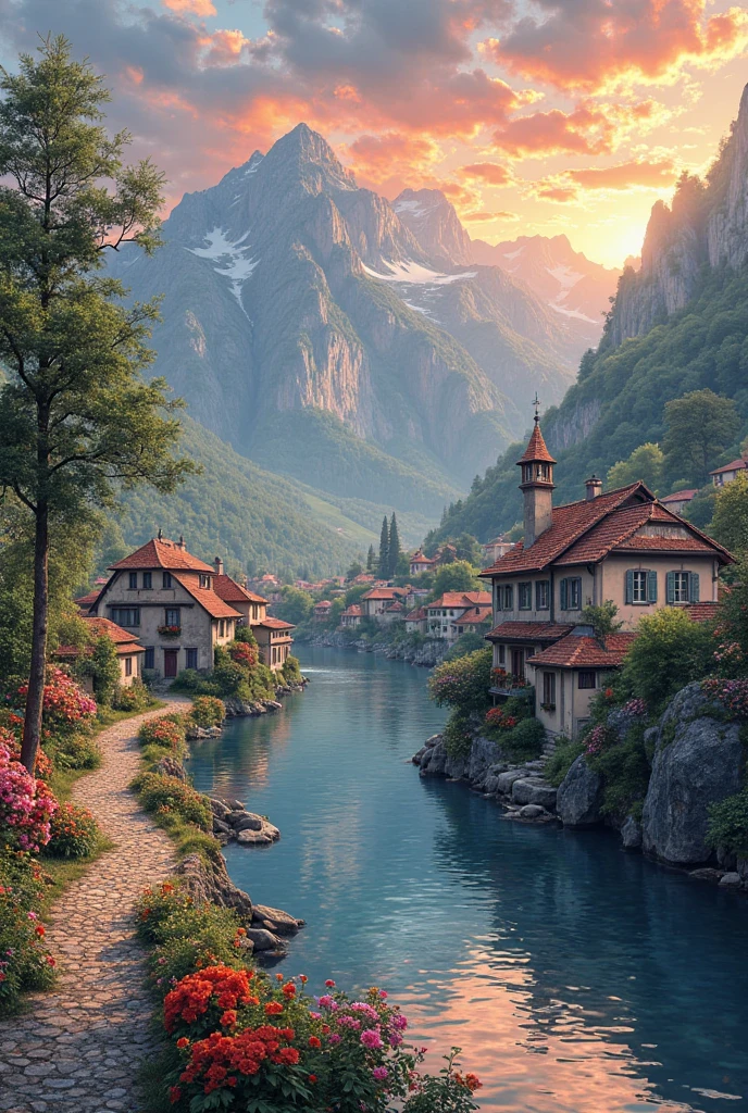 A small village by the river, color of the mountain in the background, colorful flower flowers, detailed landscape, beautiful natural scenery, atmospheric lighting, scorching sunset, warm colors, Practical, фотоPractical, detailed foliage, complex buildings, paved street, charming country house, swirl bright colors, lush vegetation, reflections on water, picturesque, idyllic, artwork, the best quality, 8k, very detailed, anime styling