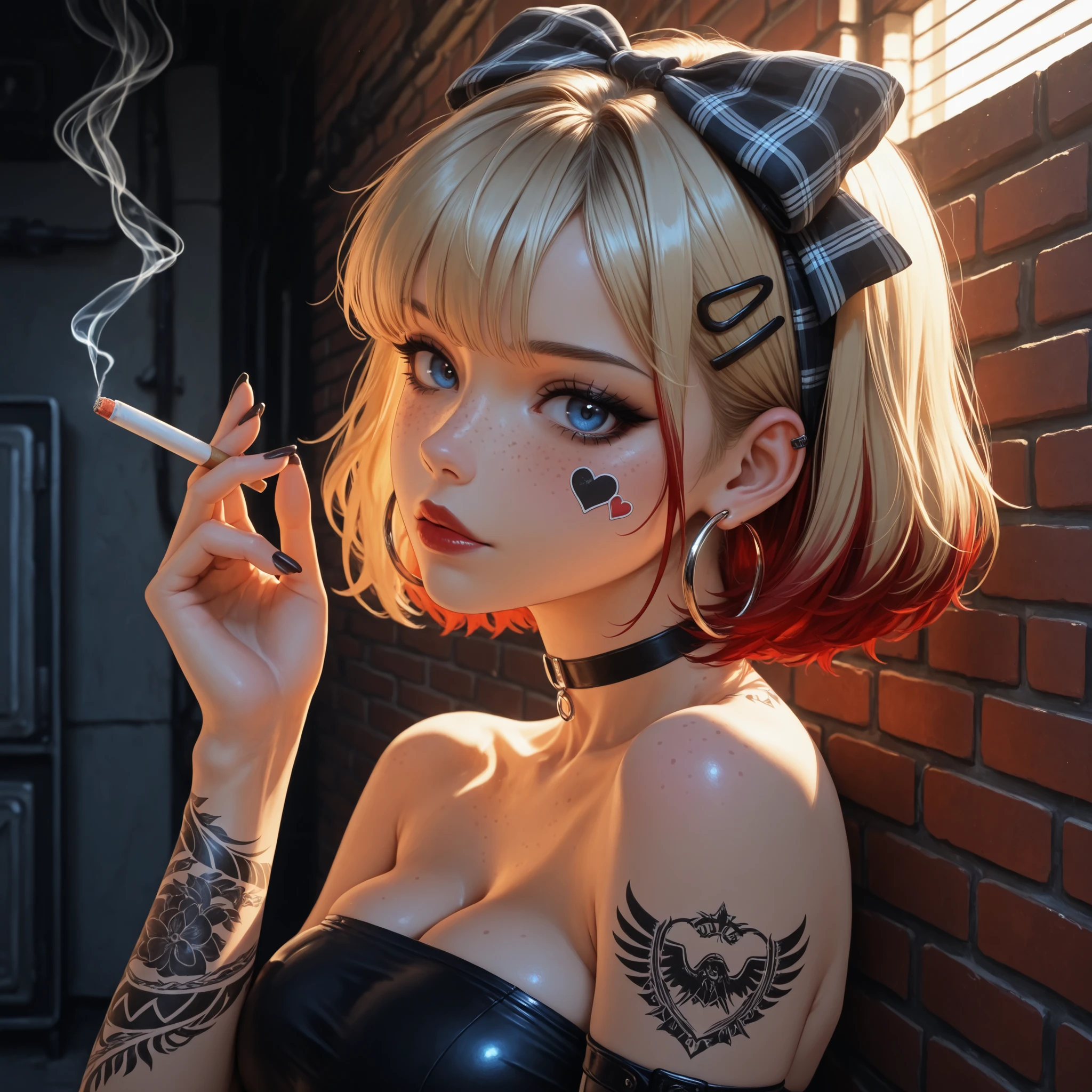 24 year old girl, leaning back against old brick wall, tattoo sleeve, juicy full lips, glossy lips, view from side, blue eyes, dark makeup, dark eyeliner, dark red shiny lipstick, alt girl, holding cigarette, black fingernails, black choker, close up, 1girl, Solo, High Resolution, looking at viewer, Bangs, Hair Bow, Masterpiece, High Resolution, Anatomically Correct, Detail, High Details, High Quality, Hoop Earrings, cute freckles, seductive expression, lips parted, plaid Hair Ribbon, Jewelry, Hair Clip, Backlighting, Bloom, Cinematic Lighting, God Rays, score_9, score_8_up, score_7_up, cinematographic film image, blonde with red highlights, short hair, influencer, model, beautiful, many arm tatoos, tube top, medium breasts, small heart sticker on cheek