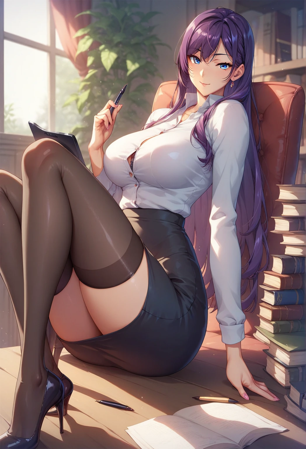 Beautiful woman , extremely long hair, elf ears , purple hair , golden eyes , large chest , light skin , mature woman , Sitting on a desk , legs crossed ,