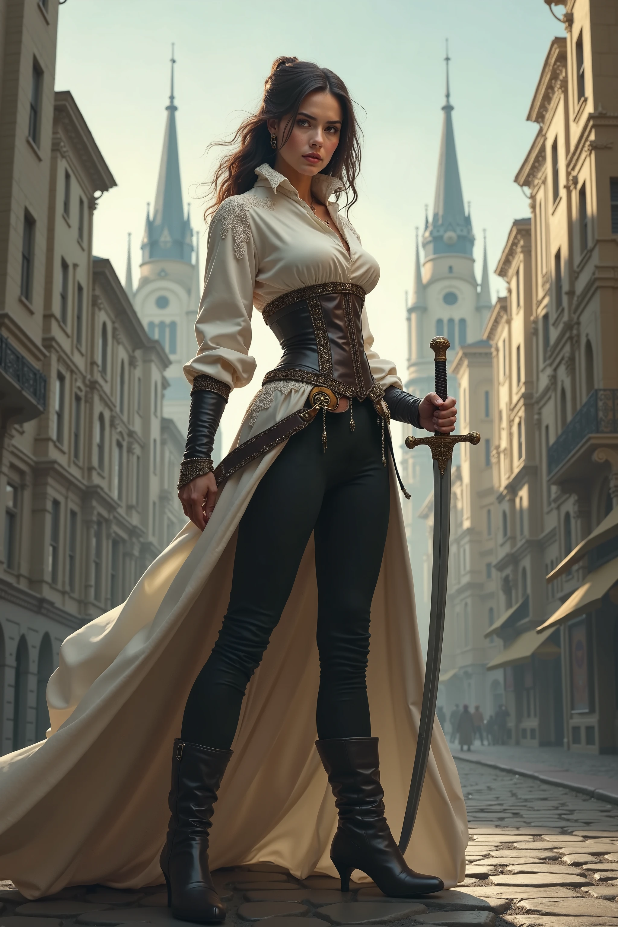 Russian warrior, holding a rapier in her hands, ready for battle, full body, wearing white silk blouse, corset and tight black pants fighting, big heel boots, beautiful Victorian cityscape 