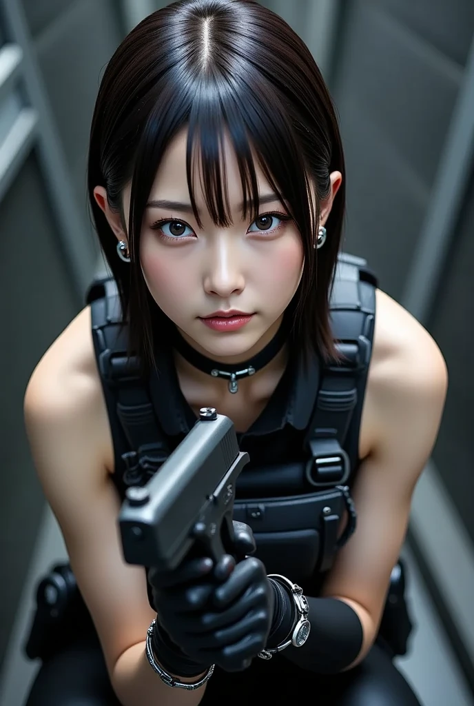 A girl with metal plates embedded under eyes, short bob, black hair, and mechanical forearms.
