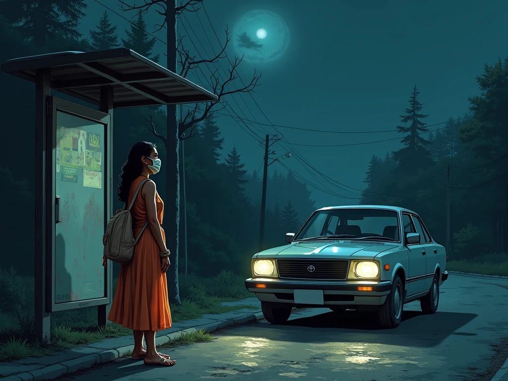 
Girl indian girl is sanding in front of a toyota car eartiga alone in a in the , wearing indian dress, her face cover by cloth becouse of very warm weather, she indian bus stop spooky bus stop indian girl comic book style, weather,in the night , girl standing with collage bag, crime thriller horror effect 