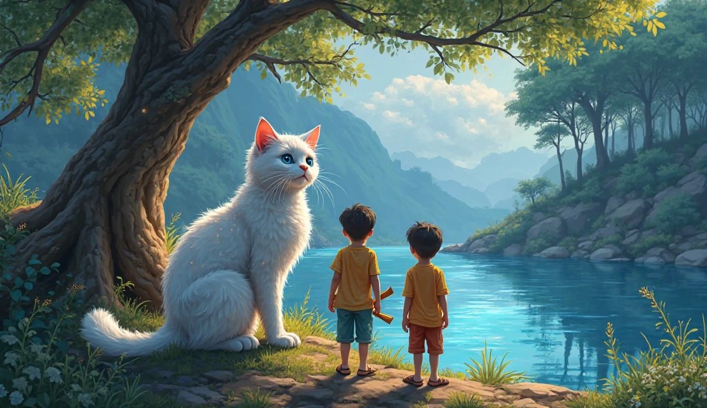 Bilkul! Yahaan is kahani ke liye ek zabardast image generation prompt hai jo aap Queen Cat aur on doston ke magical adventure ko visually represent karne ke liye use kar sakte hain:


---

Image Generation Prompt (English):

"A magical white cat with sparkling fur and deep blue eyes stands regally under a large tree near a riverbank. Three boys—Hasan, Hamad, and Noman—stand nearby with surprised and curious expressions. The cat has a tiny scroll tied to her paw. In the background, a mysterious forest awaits with glowing trails and distant mountains. The scene is bright and whimsical, with a sense of adventure and wonder."


---

Agar aap Urdu mein chahain ya kisi specific scene ka prompt chahiye ho (jaise forest challenges, treasure garden, ya Queen Cat disappearing), toh bata dijiye—I’ll customize it accordingly!

