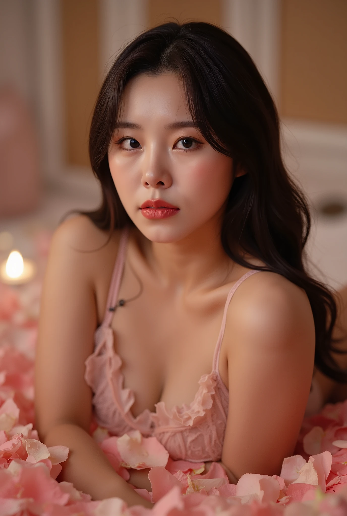 a beautiful young woman ((K-Pop singer Kim Gyu-mi (Sena), age 25), wearing an airy sheer Christmas night gown (shoulders exposed, deeply plunging neckline) , nude except for night gown, her intimate areas partially exposed and very detailed), she is laying on a bed decorated with Christmas silk sheets and is playing with a fluffy kitten while flirting with the viewer, Christmas lights have been hung along the edges of the ceiling , Christmas scene (best quality, 4k, 8k, highres, masterpiece:1.2), ultra-detailed, (realistic, photorealistic, photo-realistic:1.37), HDR, UHD, studio lighting, ultra-fine painting, sharp focus, physically-based rendering, extreme detail description, professional, vivid colors, bokeh, portrait, figurative, intimate, sensual, cozy, Christmas, warm lighting, chiaroscuro ( Along the top edge of the picture 'DO YOU TRUST ME' has been printed in Korean, and 'Girl Crush' is written over it in italics with neon pink ink. (show her entire body, show all of her)
