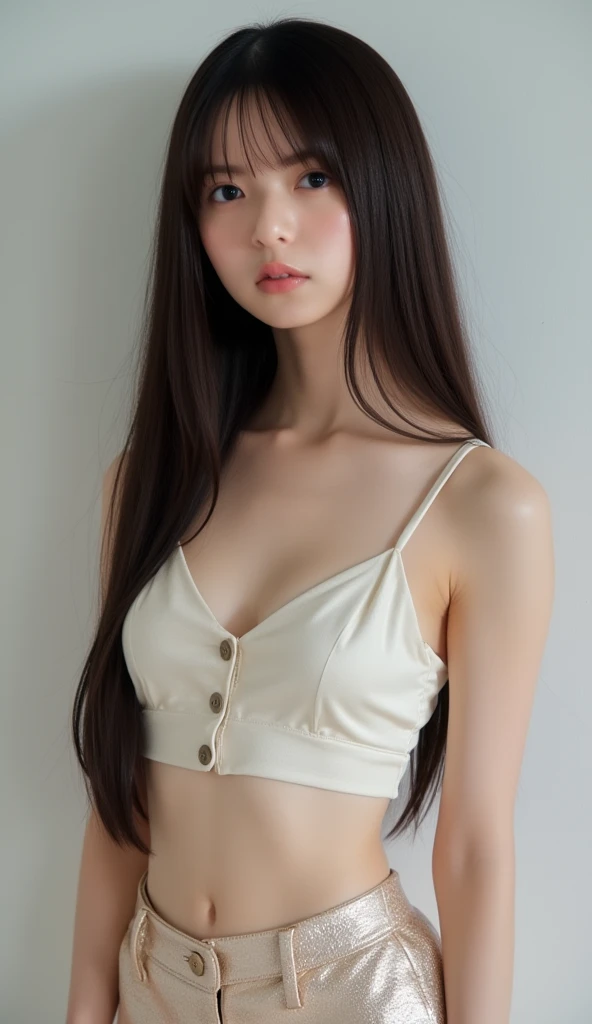 Cute 18-year-old girl, god, Short Girl, A slim body, Small boobs, Small breast, Small booty show, ultra mini skirt, detailed face, beautiful eyes, long eyelashes, cute expression, Minimalist interior, dark-toned interior, photorealistic, 4K, high quality, hairstyle two ponytails, ultra mini skirt, sitting on the chair, front view, full body