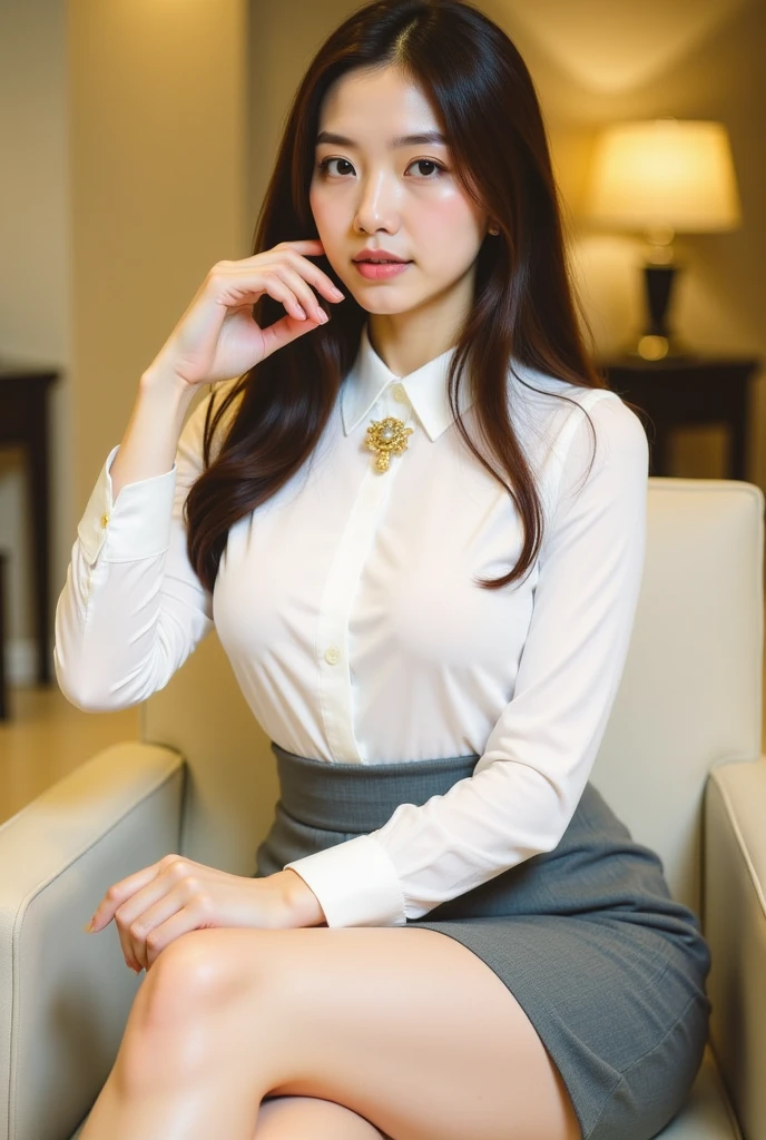 (Natural background), masterpiece, Highest quality, shape, Very detailed, finely, High resolution, 8k wallpaper, 完璧なダイナミックな構shape, finelyて美しい目, Big Breasts, Natural color lip, Random pose, smile, ((office)), 20-year-old girl, Full Body Shot, Long Hair, ((working office uniform)), (dark), Thinking Ahead, Sitting in a chair,(Wear your employee ID around your neck)