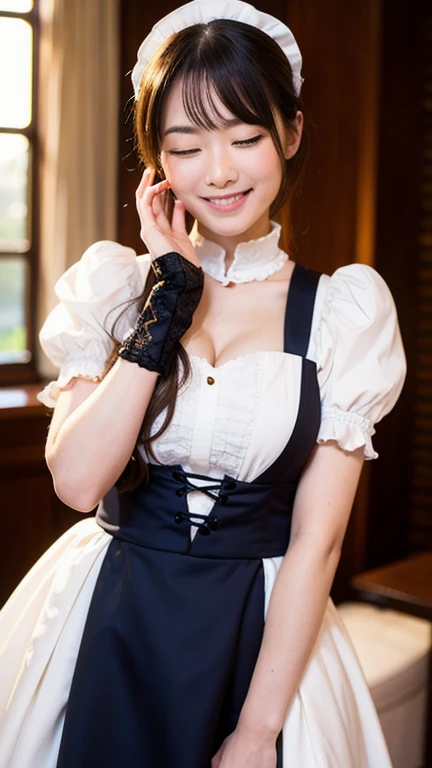 (highest quality、masterpiece、8K、Highest image quality、hyper realism、Award-winning work)、One maid、(Gorgeous Victorian black and white maid dress:1.1)、(A black and white maid dress with a long frilled skirt:1.1)、(Gorgeous black and white maid dress with extremely intricate details:1.1)、(Standing in the entrance lobby of the most elegant and luxurious luxury hotel:1.1)、the biggest smile when you look at me、upper body photo、accurate anatomy、cleavage、big breasts、emphasize body line、natural makeup、Super high-definition glossy skin、Super high-definition glowing beautiful skin、Ultra high definition glossy lips、Super high definition beautiful teeth