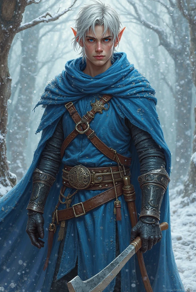 A brave male  elf,with blue eyes,short hait and circle spots.has water power.average strength,wisdom,speed,endurance,attack and defense.wear normal blue armor.has an axe,lock pick tools and speed potions
