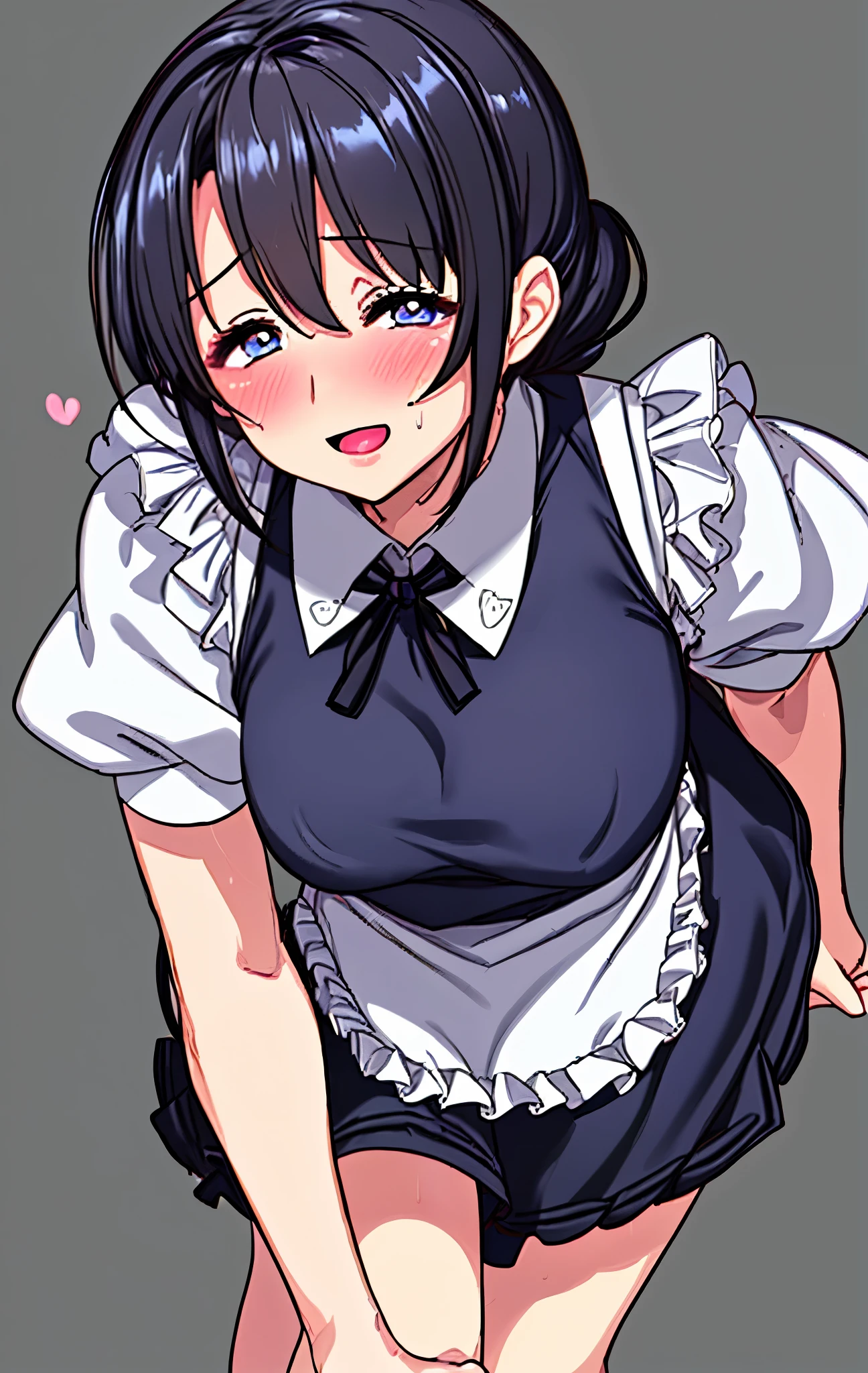 40age、mature woman、black hair、Hair tied up、Blue Eyes、My face is sweaty 、My arms and legs are sweaty、My whole body is sweaty、is in a cute pose、 Very Embarrassing Smile 、open your mouth、maid wearing a heart sign、Flip over a very short skirt、panties、Image viewed from the bottom of the front、simple background、There are a lot of hearts flying around the body、