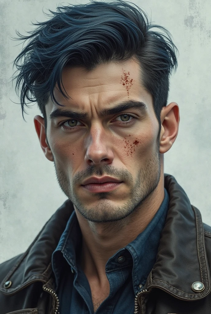 A guy in his twenty-nine years old with sharp features, sharp cheekbones, A strong jaw with a neat short bristle and slightly crooked nose. eyes of such a light gray hue, that seem almost silver framed by thick black eyebrows, and several strands of blue-black hair are spared face, whose ends reach almost to the waist. A scar on his forehead and left cheekbone. Like on his face, . His upper body has slight flaws. A five-inch line of swollen flesh on the left forearm. There are also several small scars on the abdomen and chest, but I'm not sure, what could have caused them. But the round mark on the shoulder near the right collarbone is definitely from a bullet.