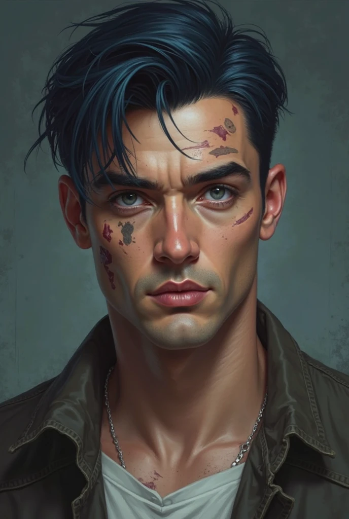 A guy in his twenty-nine years old with sharp features, sharp cheekbones, A strong jaw with a neat short bristle and slightly crooked nose. eyes of such a light gray hue, that seem almost silver framed by thick black eyebrows, and several strands of blue-black hair are spared face, whose ends reach almost to the waist. A scar on his forehead and left cheekbone. Like on his face, . His upper body has slight flaws. A five-inch line of swollen flesh on the left forearm. There are also several small scars on the abdomen and , but I'm not sure, what could have caused them. But the round mark on the shoulder near the right collarbone is definitely from a bullet.