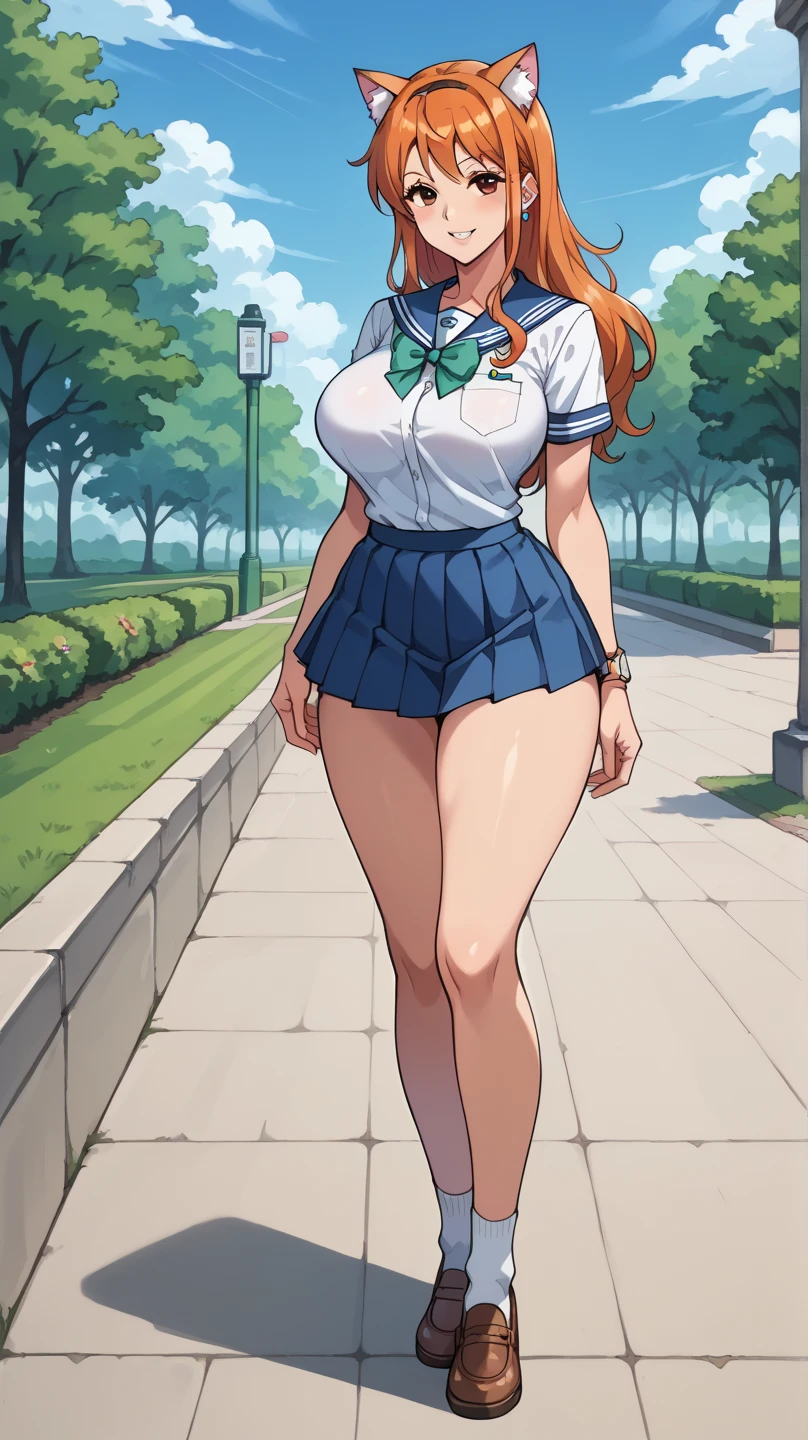 princesa margarita, Caderas anchas, muslos, uniforme escolar, falda plisada, levantamiento de falda, tetas desnudas, tacones altos, mangas cortas,(Camisa blanca:1.3),(Falda que se enrolla:1.3)、(Bragas completamente expuestas:1.5),、rubor rojo, cuerpo completo