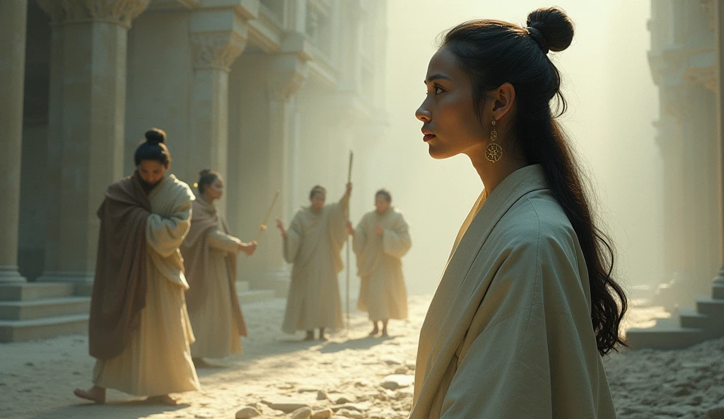 eastern philosophy: A person is quietly observing others in times of conflict, eyes full of understanding and sympathy.