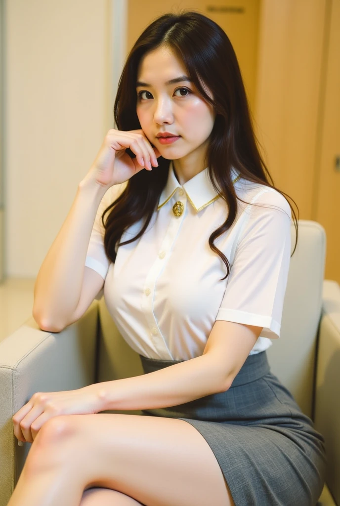 European woman, closeup, sandals, (shirt), pants, (office cubicle), ZM_chelsea, wide shoulders, perfect face, (contact iris: 1.1), pale skin, skin pores , looking_at_viewer, depth of field