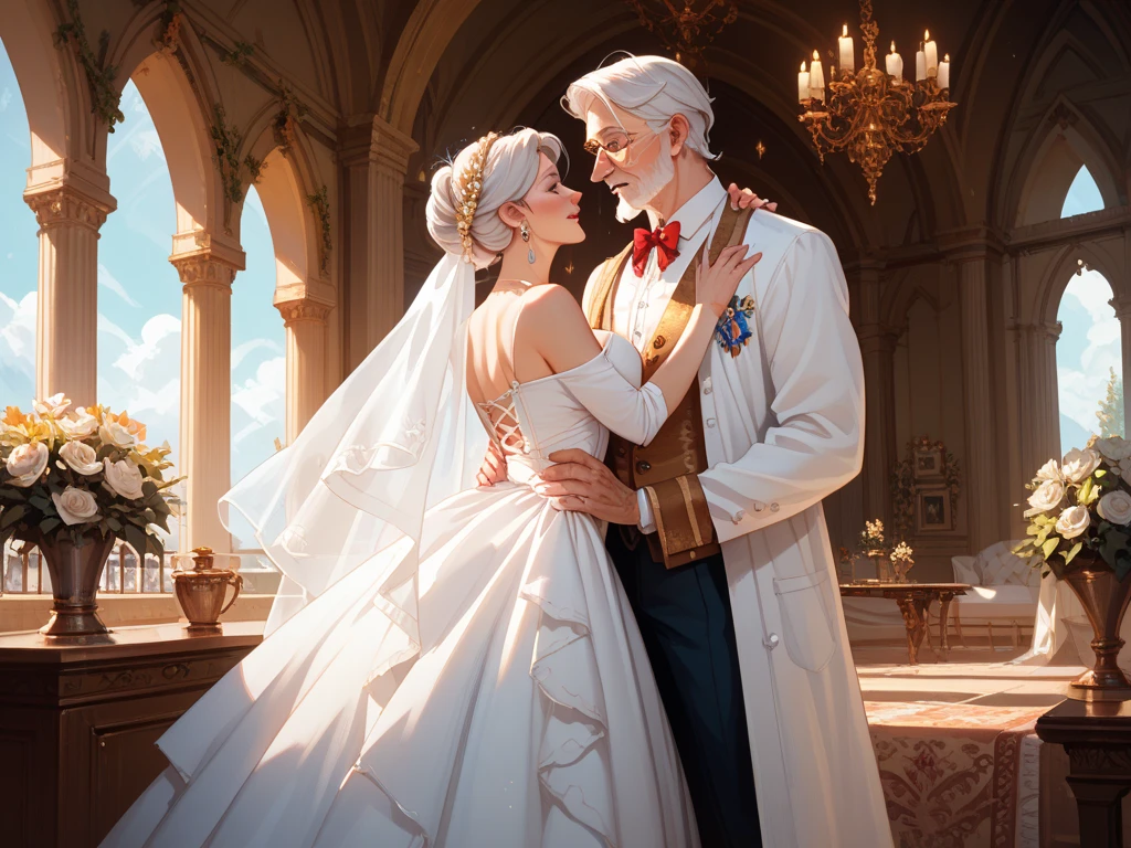 The back view of an elderly couple, wearing white shining clothes, the elderly couple are standing side by side, the background is dazzlingly bright, a simple illustration, an image of the heavens, beautiful, a masterpiece, the highest quality