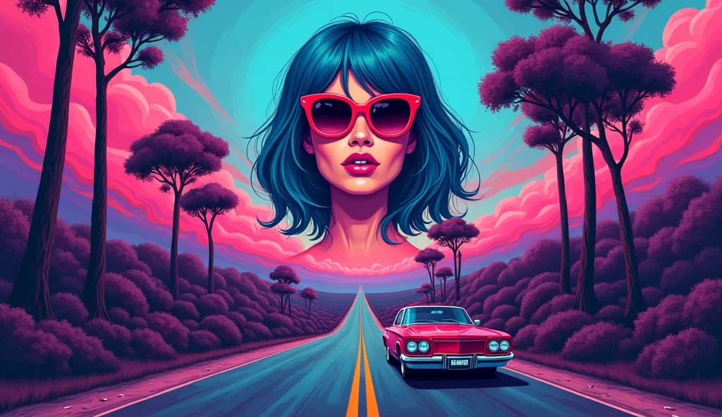 A vibrant, stylized portrait of a woman with blue hair wearing red sunglasses, set against a psychedelic background of swirling colors. In the foreground, a winding road leads to a vintage car driving through a landscape of tall trees and dramatic clouds, all rendered in bold purples, pinks, and blues, creating an enchanting, dreamlike atmosphere.